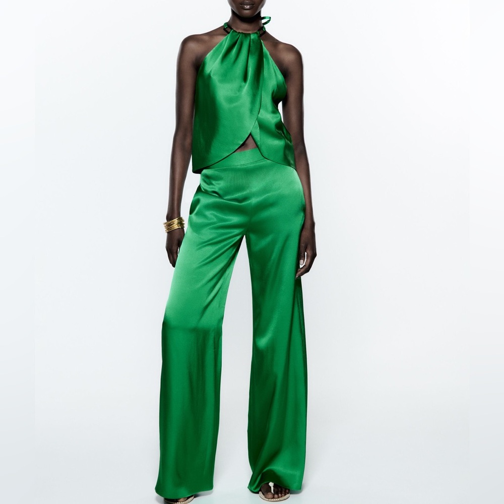 Zara - Satin Green Matching Pant Set